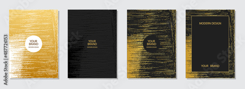 Cover design set. Black backgrounds, golden grunge texture, vertical templates. Geometric 3d pattern with stripes, lines. Topical idea for brochure, catalog, book, poster, flyer design.