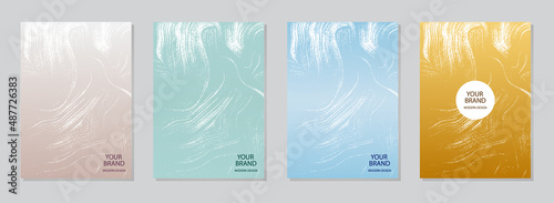 Cover design set. Delicate light backgrounds, golden grunge texture, vertical templates. Geometric abstract pattern. Topical idea for brochure, catalog, book, poster, flyer design.