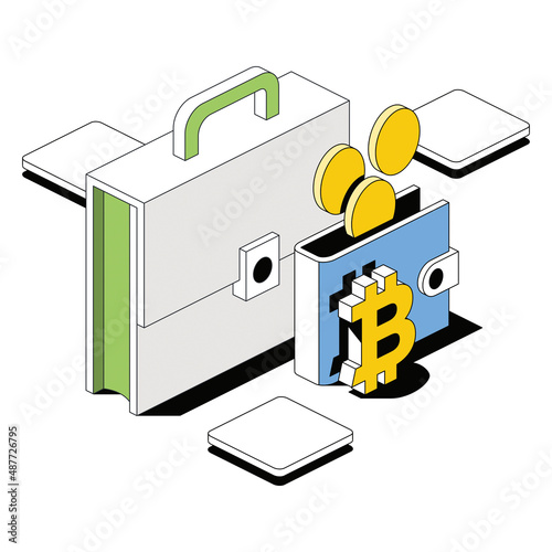 Briefcase, Wallet, bitcoin coins. Vector 3d sketch line isometric style, color icon illustration. Creative design idea and infographics elements.
