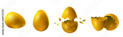 Realistic broken and exploded easter golden chicken eggs. Surprise egg gift with gold eggshell. Luxury, money and success concept vector set