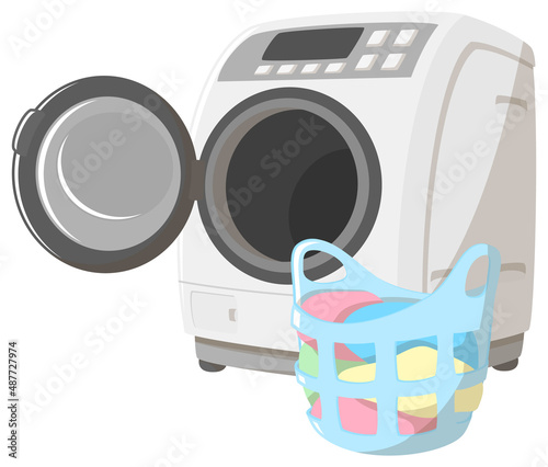 ドラム式洗濯機と洗濯カゴに入った洗濯物