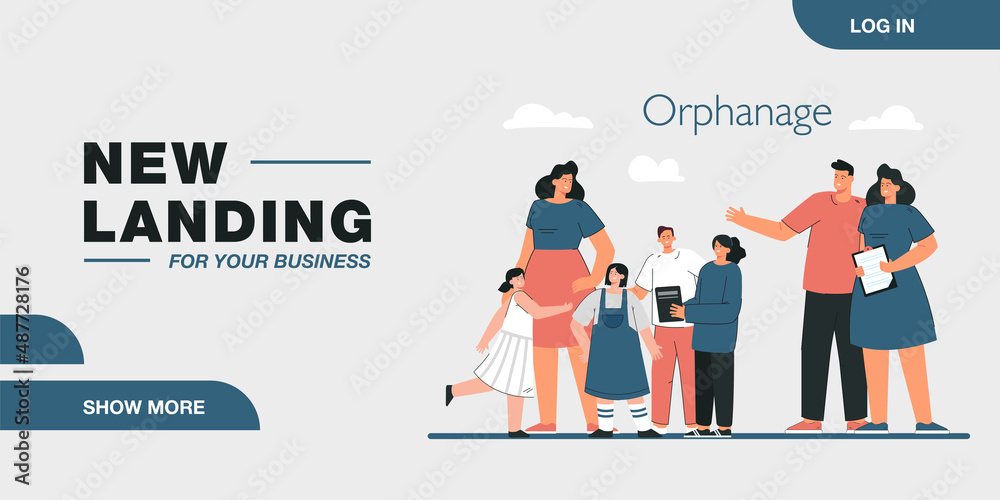 Young married couple visiting orphanage. Husband and wife looking at group of children flat vector illustration. Family, parenting, adoption concept for banner, website design or landing web page