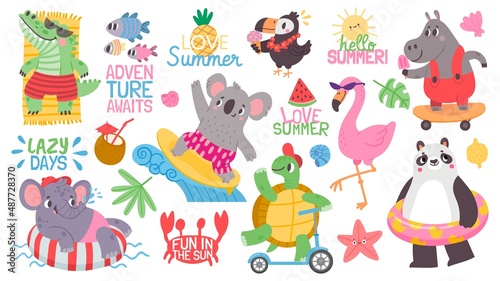 Cartoon kid animal summer vacation activity at beach. Koala surfer, flamingo and elephant swim on inflatable ring. Tropical party vector set