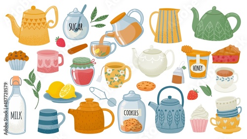 Cups with tea, mugs, desserts, sweets, pastry and ceramic teapots. Breakfast leaf drink. Kettle pouring hot beverage. Tea party vector set