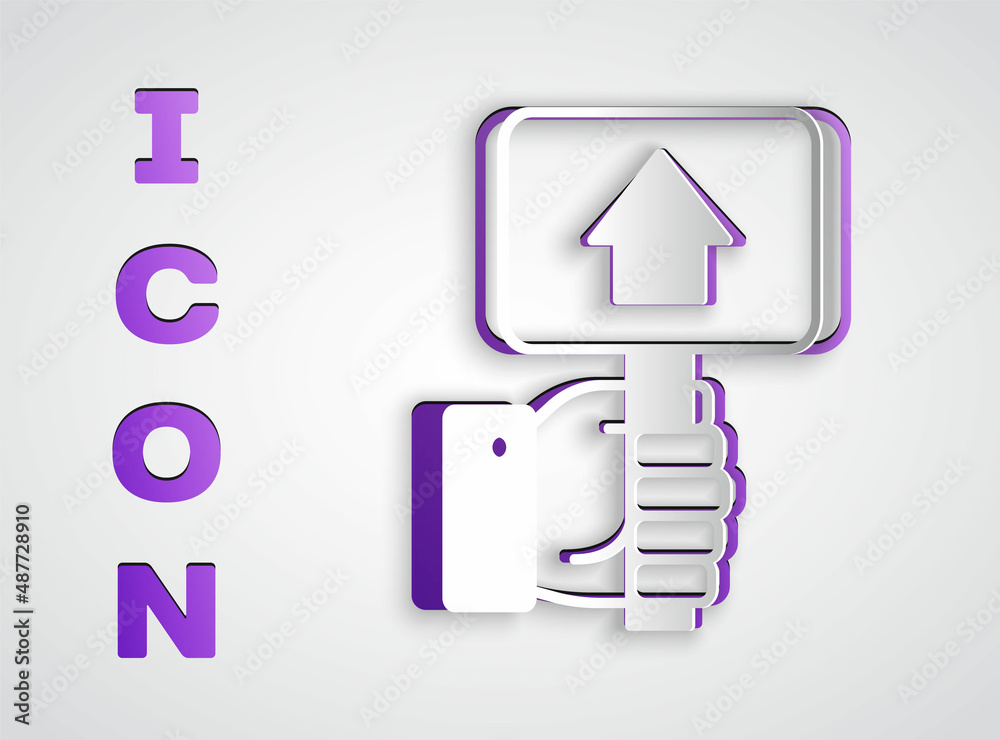 Paper cut Hand holding auction paddle icon isolated on grey background. Bidding concept. Auction competition. Hands rising signs with BID inscriptions. Paper art style. Vector Paper cut Hand holding auction paddle icon isolated on grey background. Bidding concept. Auction competition. Hands rising signs with BID inscriptions. Paper art style. Vector