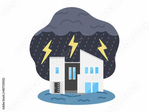 雷雨で浸水被害にあう、住宅のイラスト