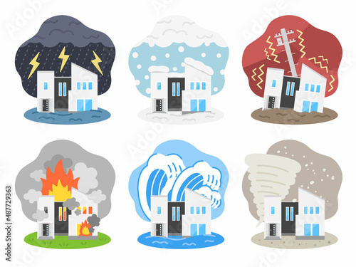 住宅の災害のイラストセット