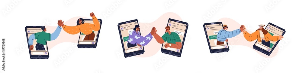 Friends greeting with high-five, hi gesture from mobile phone. Virtual meeting, remote conversation in smartphone messenger app concept. Flat graphic vector illustrations isolated on white background - obrazy, fototapety, plakaty 