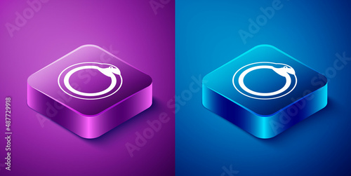 Isometric Magic symbol of Ouroboros icon isolated on blue and purple background. Snake biting its own tail. Animal and infinity, mythology and serpent. Square button. Vector