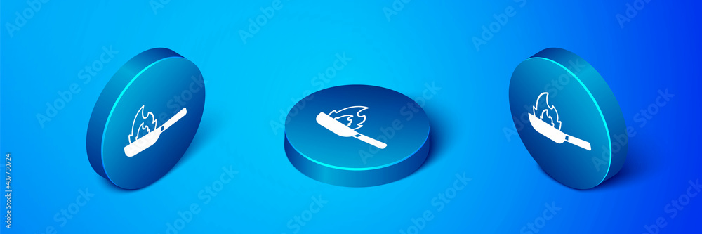 Isometric Pan with fire icon isolated on blue background. Blue circle button. Vector Isometric Pan with fire icon isolated on blue background. Blue circle button. Vector
