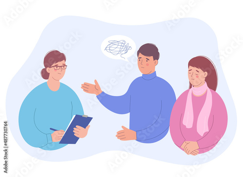 Family couple talking to female psychologist about their problems, psychotherapy counseling. Psychological help and counseling, treatment of stress, addictions and mental problems.