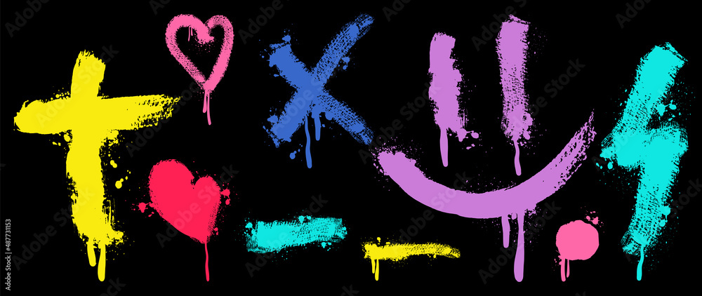 Set of graffiti spray pattern. Collection of colorful symbols, purple smile, pink hearts, dot and stroke with spray texture. Elements on black background for banner, decoration, street art and ads. - obrazy, fototapety, plakaty 