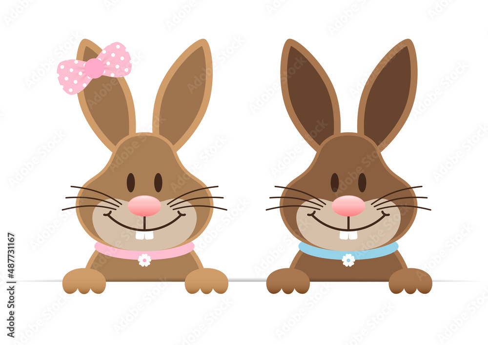 Fototapeta premium 2 Osterhasen Mädchen & Junge Groß Halten Banner