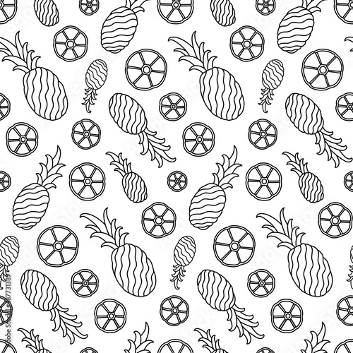 Black and White Hand Drawn Pineapple Fruit Vector Seamless Pattern