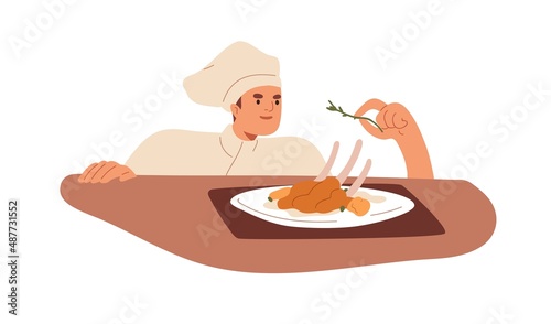 Chef cooking restaurant dish, decorating meat with greens. Cook preparing food, haute cuisine meal, adding final touch. Fine dining concept. Flat vector illustration isolated on white background
