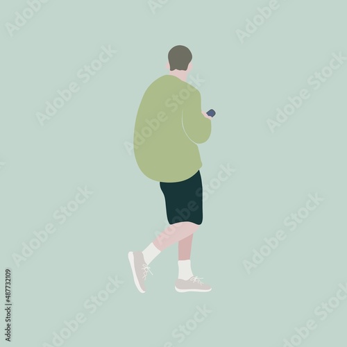 silhouette illustration of the young stylish man in the green hoodie and with a smartphone in hand 