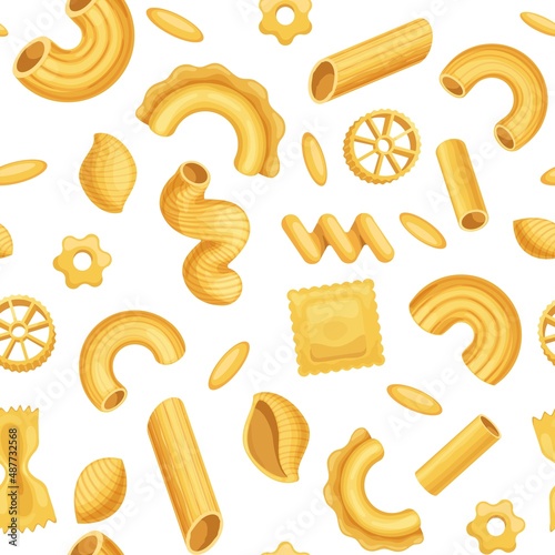 Cartoon italian pasta, dough food seamless pattern. Macaroni, penne, fusilli and spiral shapes. Cuisine cooking wallpaper vector background