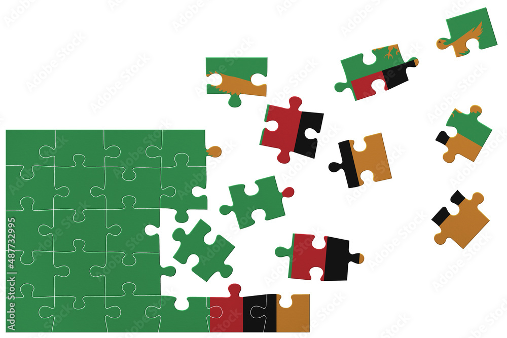 Broken puzzle- game background in colors of national flag. Zambia