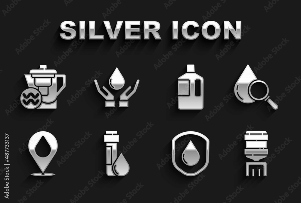 Set Test tube with water drop, Drop and magnifying glass, Water cooler, Waterproof, location, Big bottle clean, jug filter and Washing hands soap icon. Vector Set Test tube with water drop, Drop and magnifying glass, Water cooler, Waterproof, location, Big bottle clean, jug filter and Washing hands soap icon. Vector