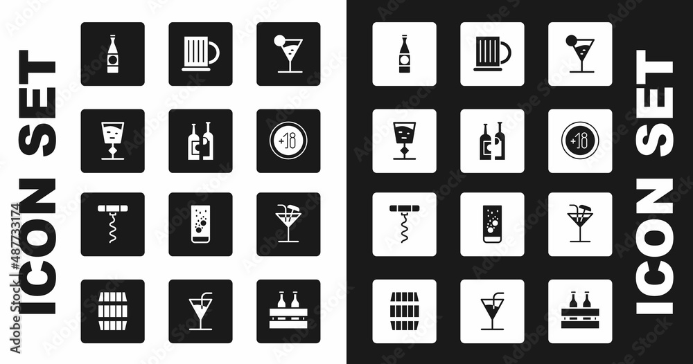 Set Martini glass, Bottles of wine, Wine, Beer bottle, Alcohol 18 plus, Wooden beer mug, Cocktail and corkscrew icon. Vector Set Martini glass, Bottles of wine, Wine, Beer bottle, Alcohol 18 plus, Wooden beer mug, Cocktail and corkscrew icon. Vector
