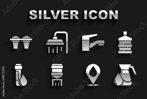 Set Water cooler, Big bottle with clean water, Jug glass, drop location, Test tube, tap, filter and Shower head icon. Vector