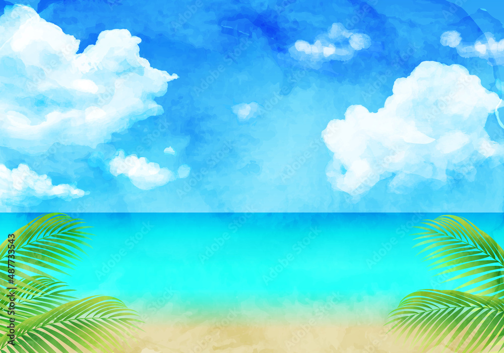 青空と海と南国の植物の水彩イラスト背景 リゾート 夏 旅行 Art Holiday Travel Summer Illustration Vector Tropical Vacance Stock Vector Adobe Stock