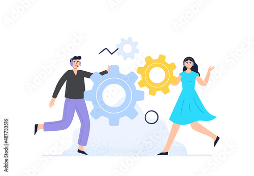 Online assistans fix customer problems. Live chat operators. Customer support department staff, telemarketing agents. Online technical support 24 7 concept. Vector flat illustration.