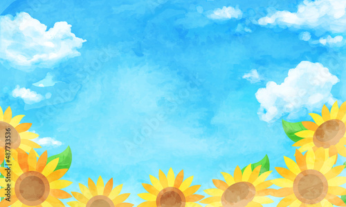 ひまわり畑と青空と入道雲の夏の水彩のベクターイラスト背景