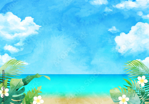 青空と海と南国の植物の水彩イラスト背景(リゾート,夏,旅行,art,holiday,travel,summer,illustration,vector,tropical,vacance)