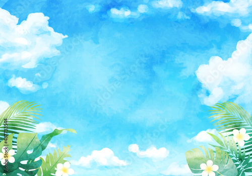 青空と南国の植物の水彩イラスト背景(リゾート,夏,旅行,art,holiday,travel,summer,illustration,vector,tropical,vacance)