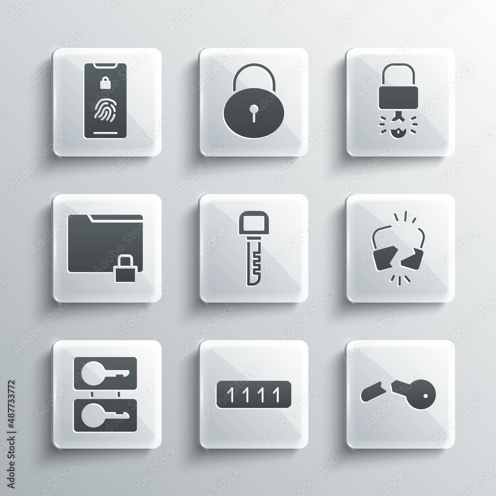 Set Password protection, Broken key, cracked lock, Key, Casting keys, Folder and, Mobile with fingerprint scan and broke inside of padlock icon. Vector Set Password protection, Broken key, cracked lock, Key, Casting keys, Folder and, Mobile with fingerprint scan and broke inside of padlock icon. Vector