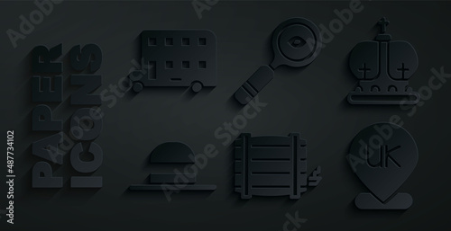 Set Wooden barrel, British crown, Elegant women hat, Location England, Magnifying glass and Double decker bus icon. Vector