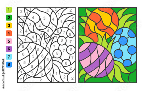 Vector coloring page Color by numbers Easter egg hunt. Puzzle game for children education and activities