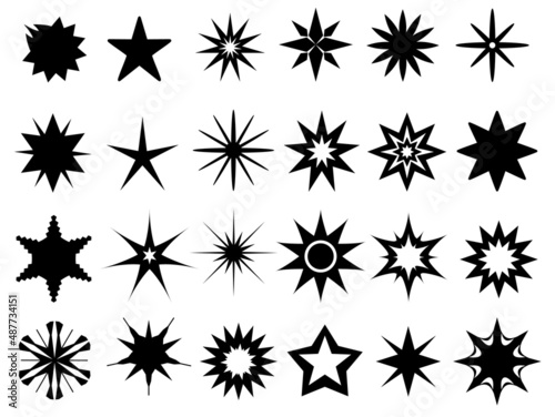 Flat sparkle stars black silhouettes  logo designs. Twinkle magic star symbols. Sparkles and glitter particles shapes. Star icons vector set