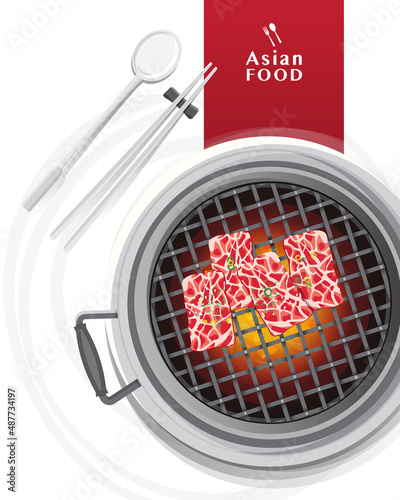 Korean barbecue, Grilling beef, BBQ, Traditional asian food, Vector illustration.