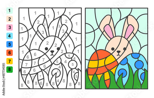 Vector coloring page Color by numbers Easter egg hunt. Puzzle game for children education and activities