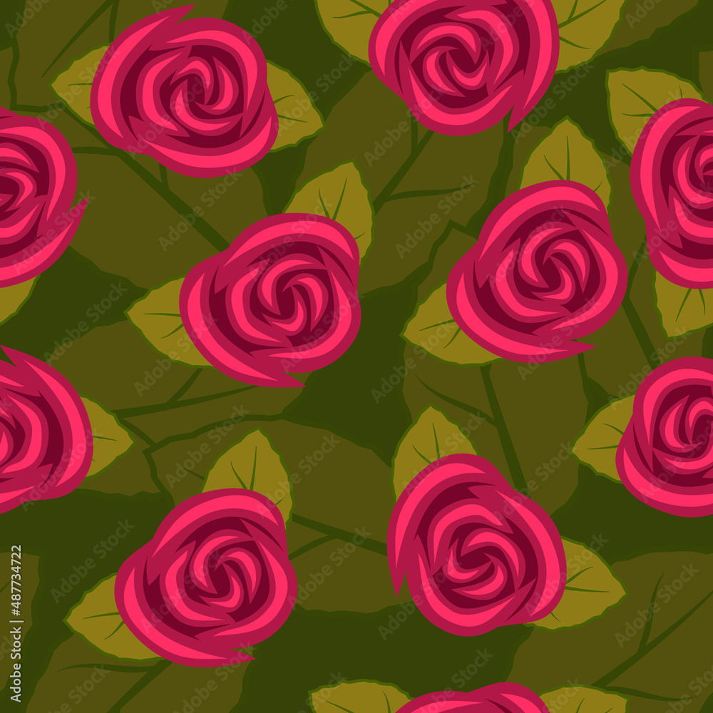 bright red roses and dark green leaves, seamless vector pattern
