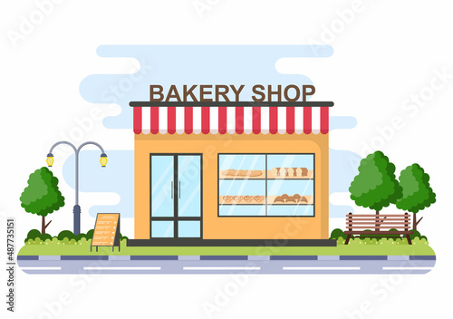 Fototapeta Naklejka Na Ścianę i Meble -  Bakery Shop Building That Sells Various Types of Bread such as White Bread, Pastry and Others All Baked in Flat Background for Poster Illustration
