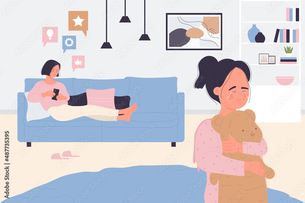 Parent with internet addiction vector illustration. Cartoon woman social media addict sitting on couch, mother using phone and surfing online network all time, kid crying. Family problem concept
