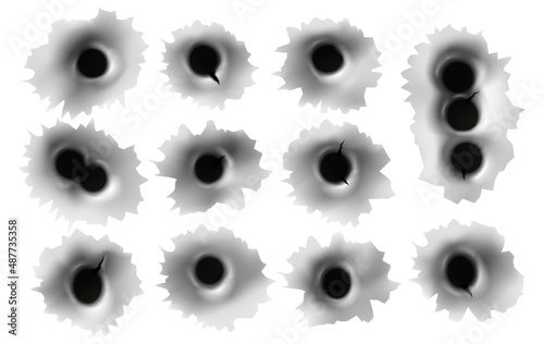 Realistic holes of gun bullets, shots in metallic wall. Shoot damage effect. Fire weapon circle cracks in metal. Steel bullethole vector set