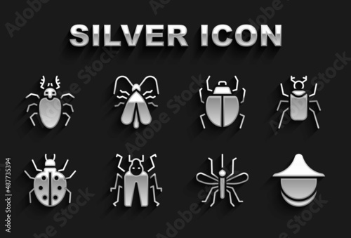 Set Beetle bug, Beekeeper hat, Mosquito, Mite, deer and Clothes moth icon. Vector