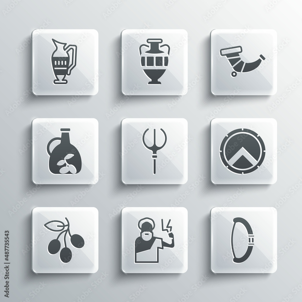 Set Zeus, Medieval bow, Greek shield, Neptune Trident, Olives branch, Bottle of olive oil, Ancient amphorae and Hunting horn icon. Vector Set Zeus, Medieval bow, Greek shield, Neptune Trident, Olives branch, Bottle of olive oil, Ancient amphorae and Hunting horn icon. Vector
