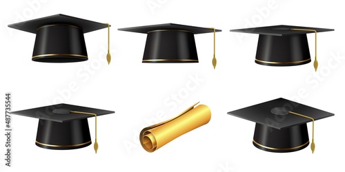 Realistic university graduation academic black cap for students. School degree diploma scroll. Mortarboard hat with golden tassel vector set