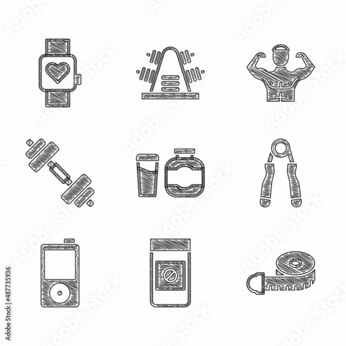Set Sports nutrition, Anabolic drugs, Tape measure, expander, Music player, Dumbbell, Bodybuilder muscle and Smart watch icon. Vector