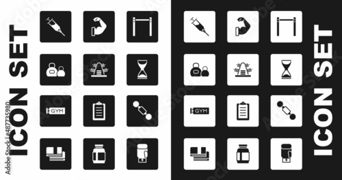 Set Horizontal bar, Metal rack with weights, Kettlebell, Doping syringe, Old hourglass, Bodybuilder muscle, Dumbbell and Location gym icon. Vector