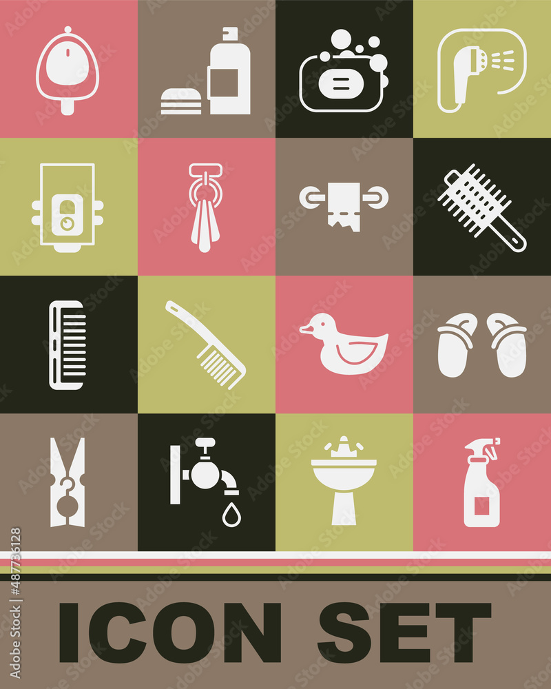 Set Cleaning spray bottle, Flip flops, Hairbrush, Bar of soap, Towel on hanger, Gas boiler, Toilet urinal or pissoir and paper roll icon. Vector Set Cleaning spray bottle, Flip flops, Hairbrush, Bar of soap, Towel on hanger, Gas boiler, Toilet urinal or pissoir and paper roll icon. Vector