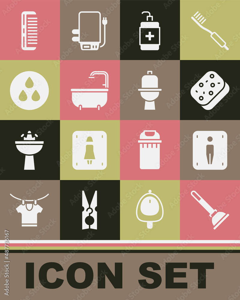Set Rubber plunger, Male toilet, Sponge, Hand sanitizer bottle, Bathtub, Water drop, Hairbrush and Toilet bowl icon. Vector