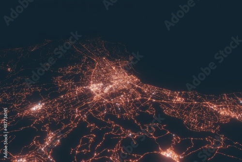 Palermo aerial view at night. Top view on modern city with street lights