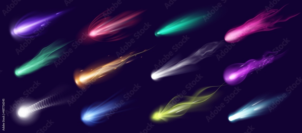 Realistic falling comets, meteors, asteroids and meteorites with fire trail. 3d cosmic shooting stars, space comet or fireballs vector set - obrazy, fototapety, plakaty 