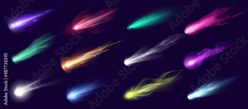 Realistic falling comets, meteors, asteroids and meteorites with fire trail. 3d cosmic shooting stars, space comet or fireballs vector set photo